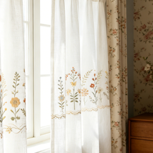 Vertically Arranged Colorful Wildflower Embroidered Linen Curtains